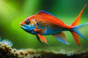 an orange and blue fish swimming in an aquarium. AI-Generated photo