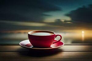 a cup of coffee on a wooden table with a sunset in the background. AI-Generated photo