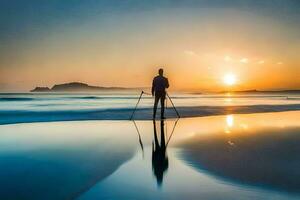 a man standing on the beach with his skis. AI-Generated photo