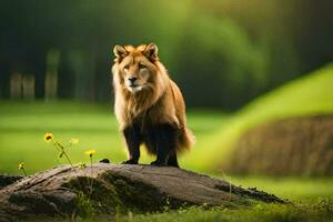 a lion standing on a rock in a field. AI-Generated photo