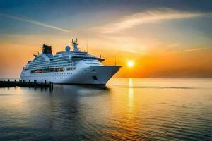 a cruise ship in the ocean at sunset. AI-Generated photo