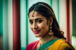 a woman in a colorful sari and gold jewelry. AI-Generated photo