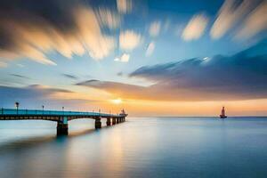a long exposure photograph of a pier at sunset. AI-Generated photo