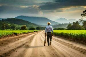 a man walking down a dirt road with a bag. AI-Generated photo