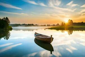 a boat floating on a calm lake at sunrise. AI-Generated photo