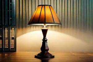 a lamp on a table in front of a window. AI-Generated photo