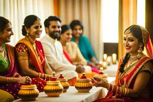 a bride and groom are sitting in front of a table with other people. AI-Generated photo