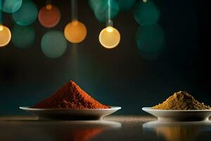 two bowls of spices on a table with lights behind them. AI-Generated photo