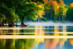 a man is sitting in a boat on a lake. AI-Generated photo
