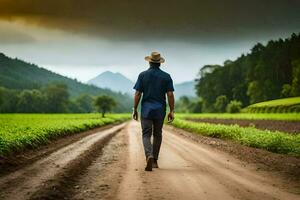 un hombre caminando abajo un suciedad la carretera en el medio de un campo. generado por ai foto