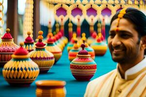 un hombre en un tradicional indio atuendo sonrisas a el cámara. generado por ai foto