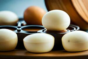 eggs in a basket on a wooden tray. AI-Generated photo