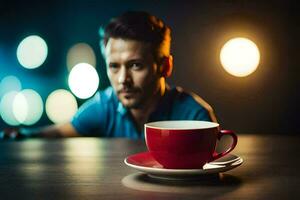 man sitting at a table with a cup of coffee. AI-Generated photo