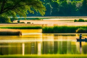 a man in a boat on a lake surrounded by tall grass. AI-Generated photo
