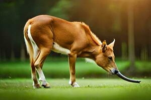 a brown deer with a long stick in its mouth. AI-Generated photo