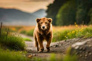 un león caminando en un suciedad la carretera en el medio de un campo. generado por ai foto