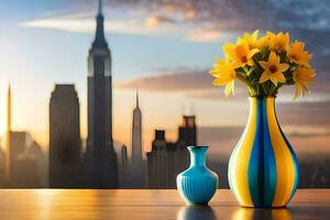 a vase with flowers and a cityscape in the background. AI-Generated photo