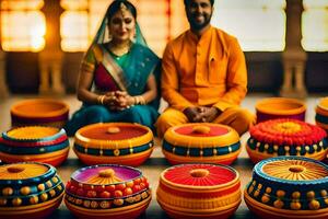 a couple in indian attire sitting on the floor with colorful pots. AI-Generated photo