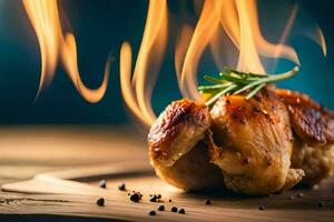 a chicken is on a wooden cutting board with fire. AI-Generated photo