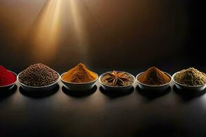 a row of different spices in bowls. AI-Generated photo