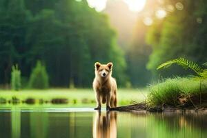 un perro en pie en el agua cerca un bosque. generado por ai foto