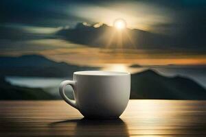 a coffee cup sits on a table with the sun shining in the background. AI-Generated photo