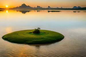 un pequeño isla en el medio de un lago a puesta de sol. generado por ai foto