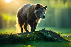 photo wallpaper the sun, forest, animal, wolf, the sun, the forest, the wolf. AI-Generated