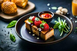a piece of cheesecake with berries and sauce on a black plate. AI-Generated photo