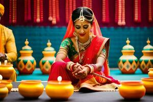 a beautiful indian bride and groom sitting in front of candles. AI-Generated photo