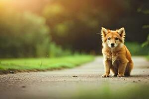 a small dog sitting on the road in the middle of a field. AI-Generated photo