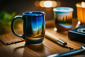 a coffee mug with a forest scene on it. AI-Generated photo