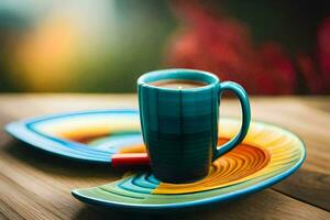 a coffee cup and saucer on a wooden table. AI-Generated photo