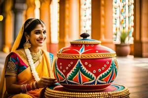a woman in traditional indian attire sits on a chair next to a pot. AI-Generated photo