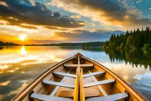 el barco es en el calma lago a puesta de sol. generado por ai foto