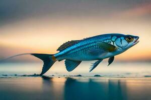 un pescado es caminando en el playa a puesta de sol. generado por ai foto