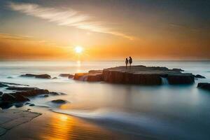 the couple is standing on a rock in the ocean at sunset. AI-Generated photo