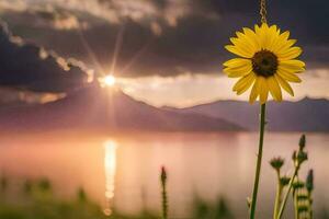 sunflower in the foreground with mountains in the background. AI-Generated photo