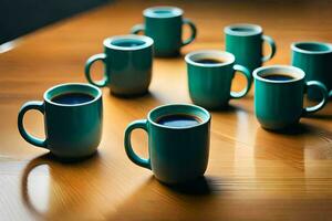 a group of six coffee cups on a wooden table. AI-Generated photo