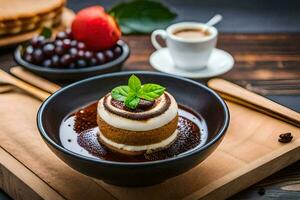 el postre es servido en un cuenco con un cuchara y un taza de café. generado por ai foto