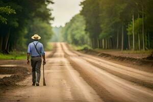 a man walking down a dirt road with a hat and shovel. AI-Generated photo