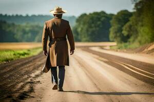 un hombre en un sombrero y Saco caminando abajo un suciedad la carretera. generado por ai foto