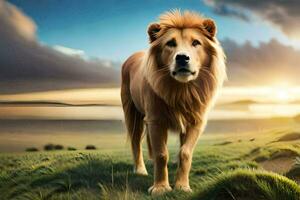a lion standing in a field with the sun setting behind it. AI-Generated photo