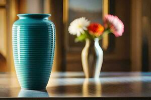 a vase is sitting on a table in front of a window. AI-Generated photo