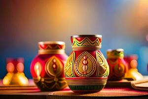 colorful vases on a table with colorful lights. AI-Generated photo