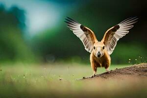 un pájaro con sus alas untado fuera en el suelo. generado por ai foto