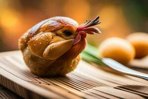 un pollo es sentado en un de madera corte tablero. generado por ai foto