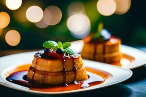 dos pequeño platos con postre en a ellos. generado por ai foto