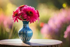 pink flowers in a vase on a table. AI-Generated photo