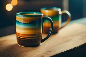 two colorful coffee mugs sitting on a wooden table. AI-Generated photo